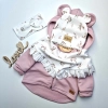 Dziewczęcy komplet przejściowy; czapka beanie i chusta z falbanką - drobne różyczki